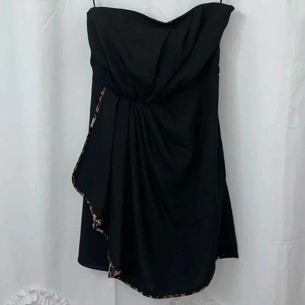 Express Black Strapless Drape Front Leopard Trim Mini Dress Size 10